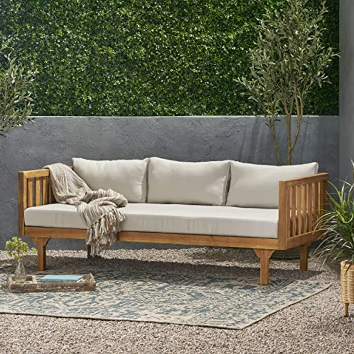 Christopher Knight Home Tina Outdoor 3 Seater Acacia Wood Daybed, Teak Finish, Light Grey