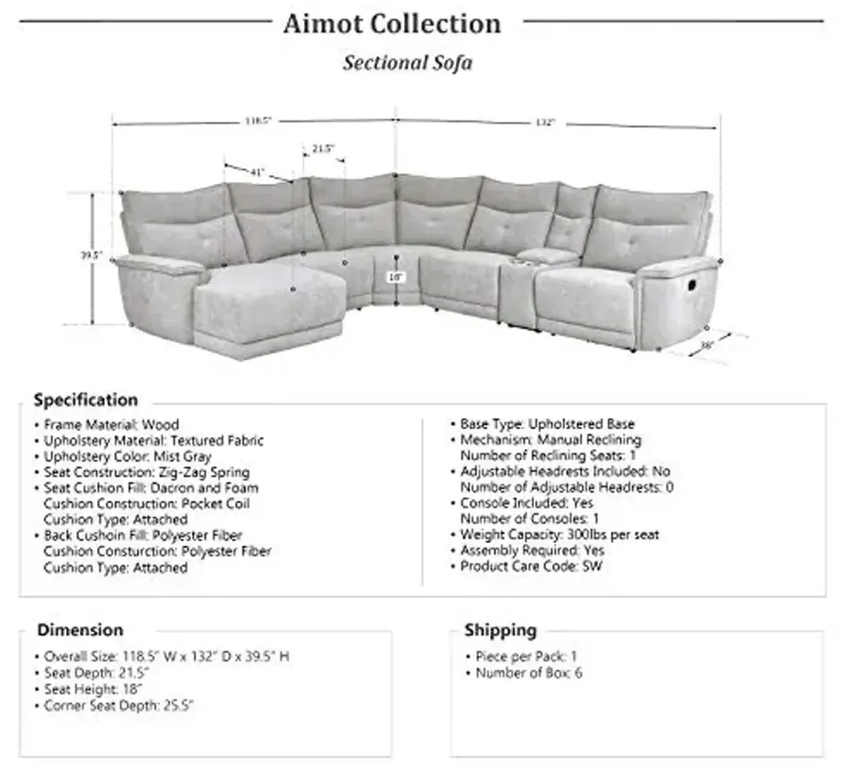 Lexicon Aimot Modular Reclining Sectional, Left Chaise, Mist Gray