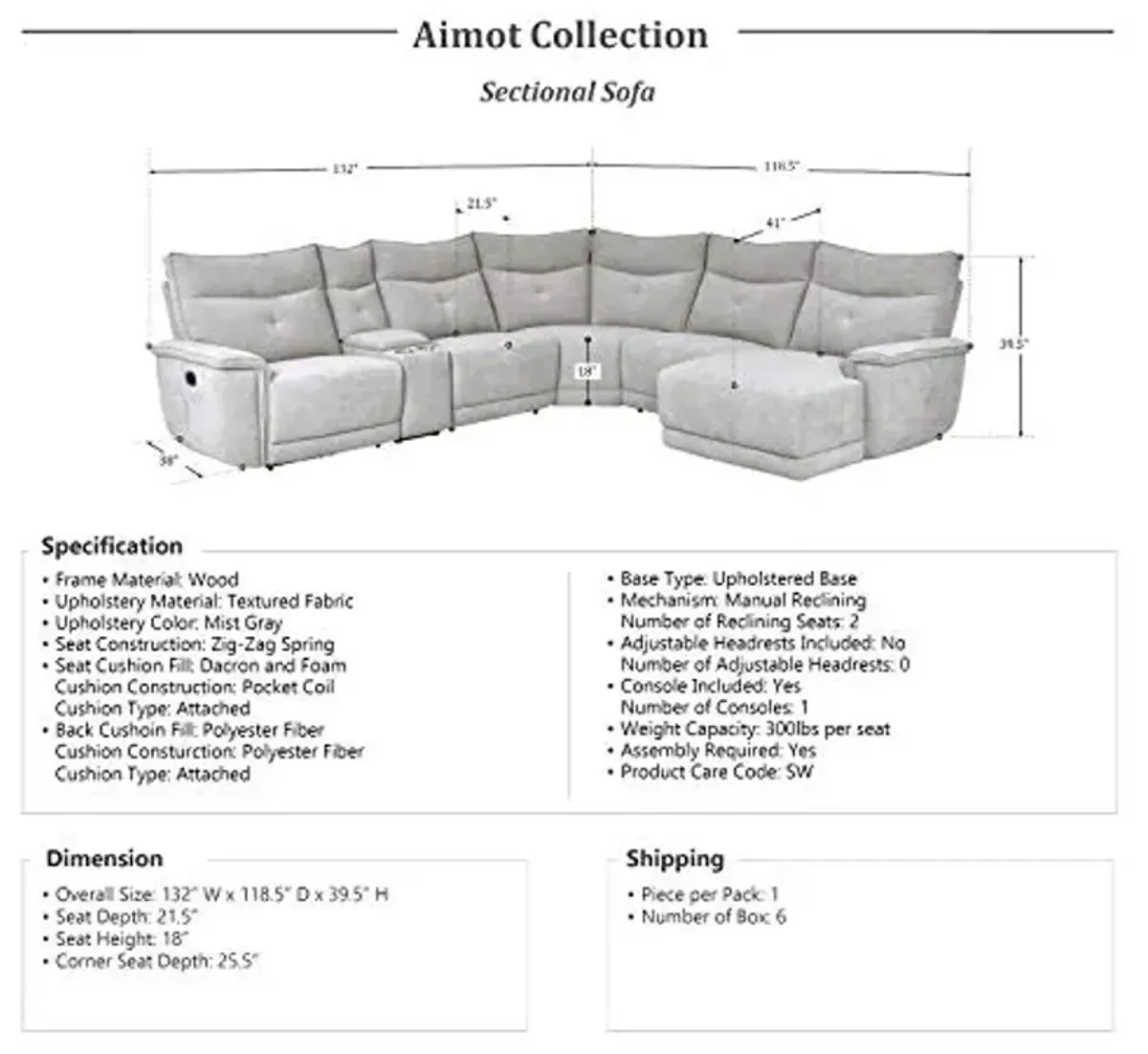 Lexicon Aimot Modular Reclining Sectional, Right Chaise, Mist Gray