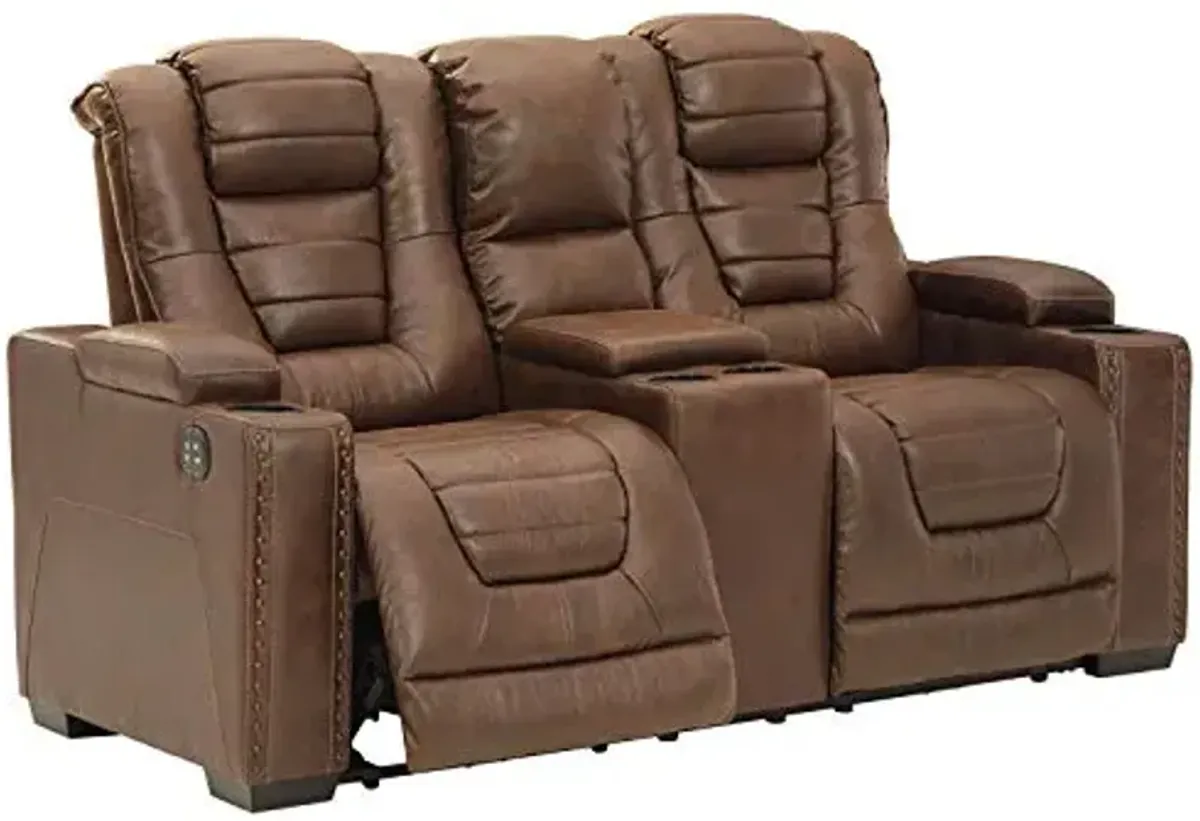Signature Design by Ashley Owner's Box Faux Leather Power Reclining Loveseat with Center Console, Brown