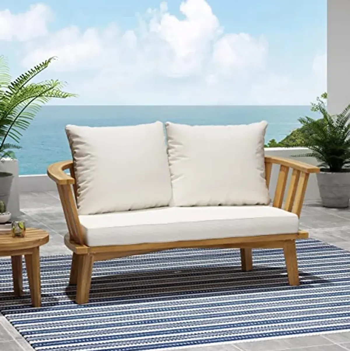 Christopher Knight Home Ingrid Outdoor Wooden Loveseat with Cushions, White and Teak Finish