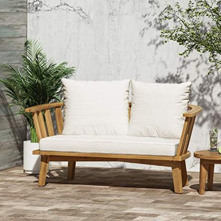 Christopher Knight Home Ingrid Outdoor Wooden Loveseat with Cushions, White and Teak Finish