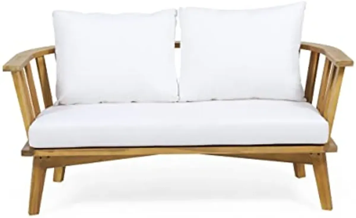 Christopher Knight Home Ingrid Outdoor Wooden Loveseat with Cushions, White and Teak Finish