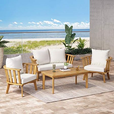Christopher Knight Home Helena Outdoor Wooden Chat Set with Rectangular Coffee Table, White and Teak Finish