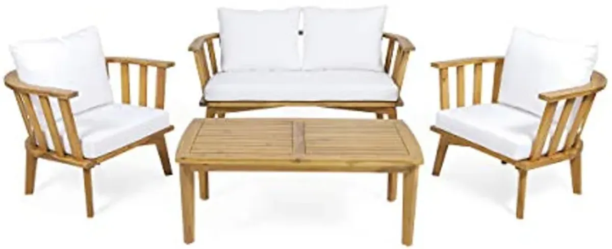 Christopher Knight Home Helena Outdoor Wooden Chat Set with Rectangular Coffee Table, White and Teak Finish