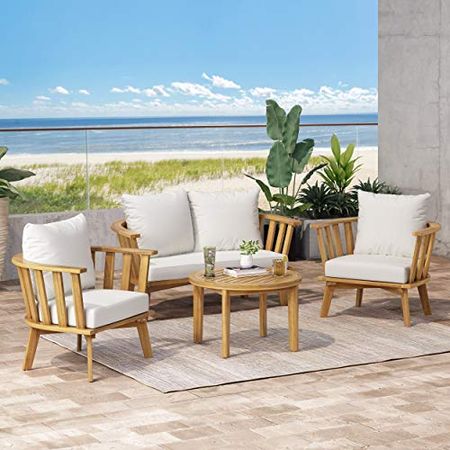 Christopher Knight Home Helena Outdoor Wooden Chat Set with Round Coffee Table, White and Teak Finish