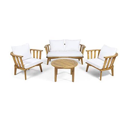 Christopher Knight Home Helena Outdoor Wooden Chat Set with Round Coffee Table, White and Teak Finish