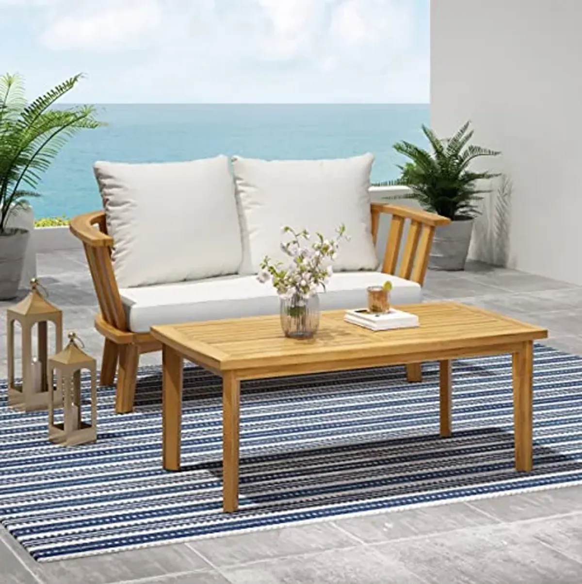 Christopher Knight Home Helena Outdoor Wooden Loveseat and Coffee Table Set, White and Teak Finish