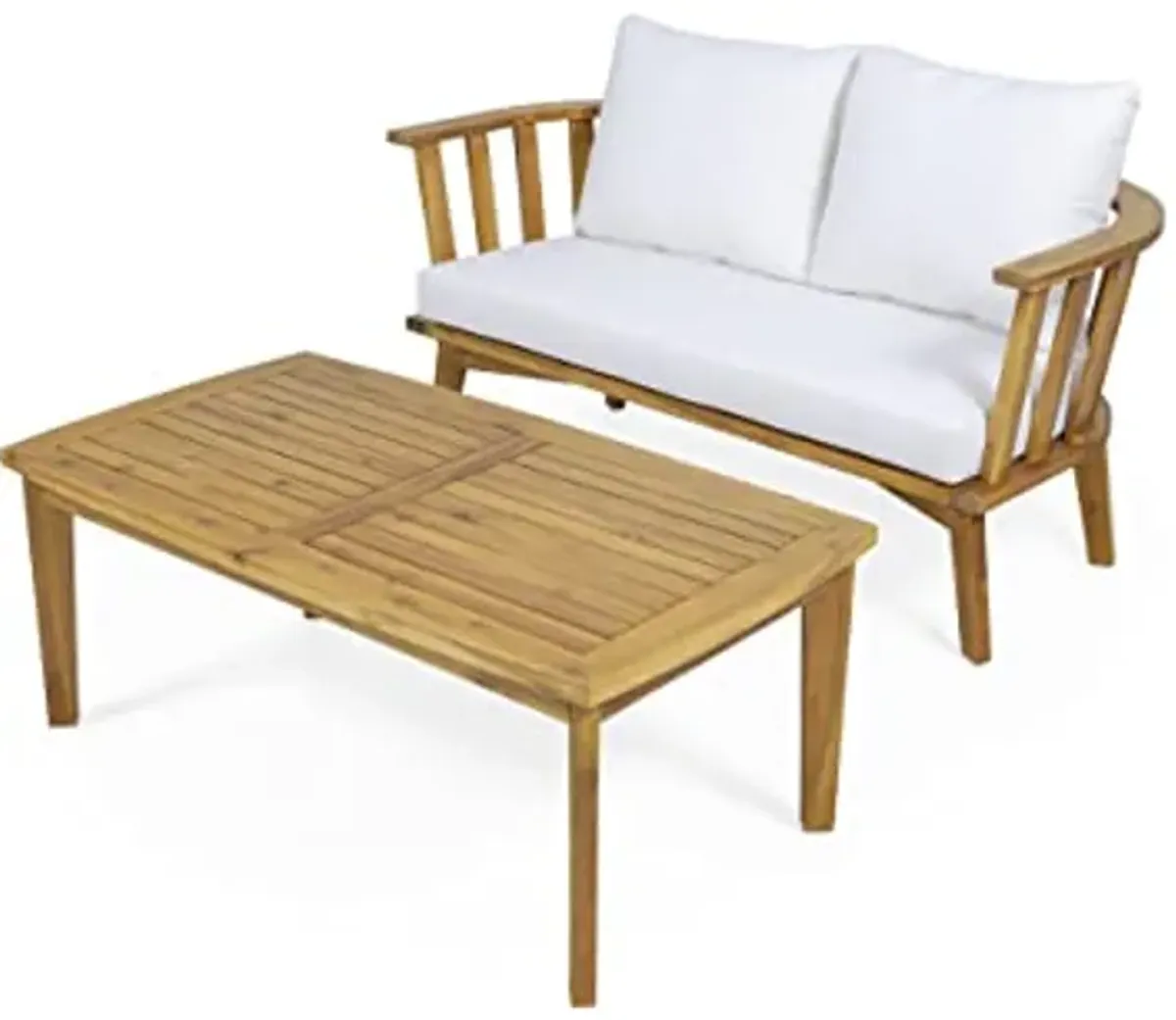 Christopher Knight Home Helena Outdoor Wooden Loveseat and Coffee Table Set, White and Teak Finish