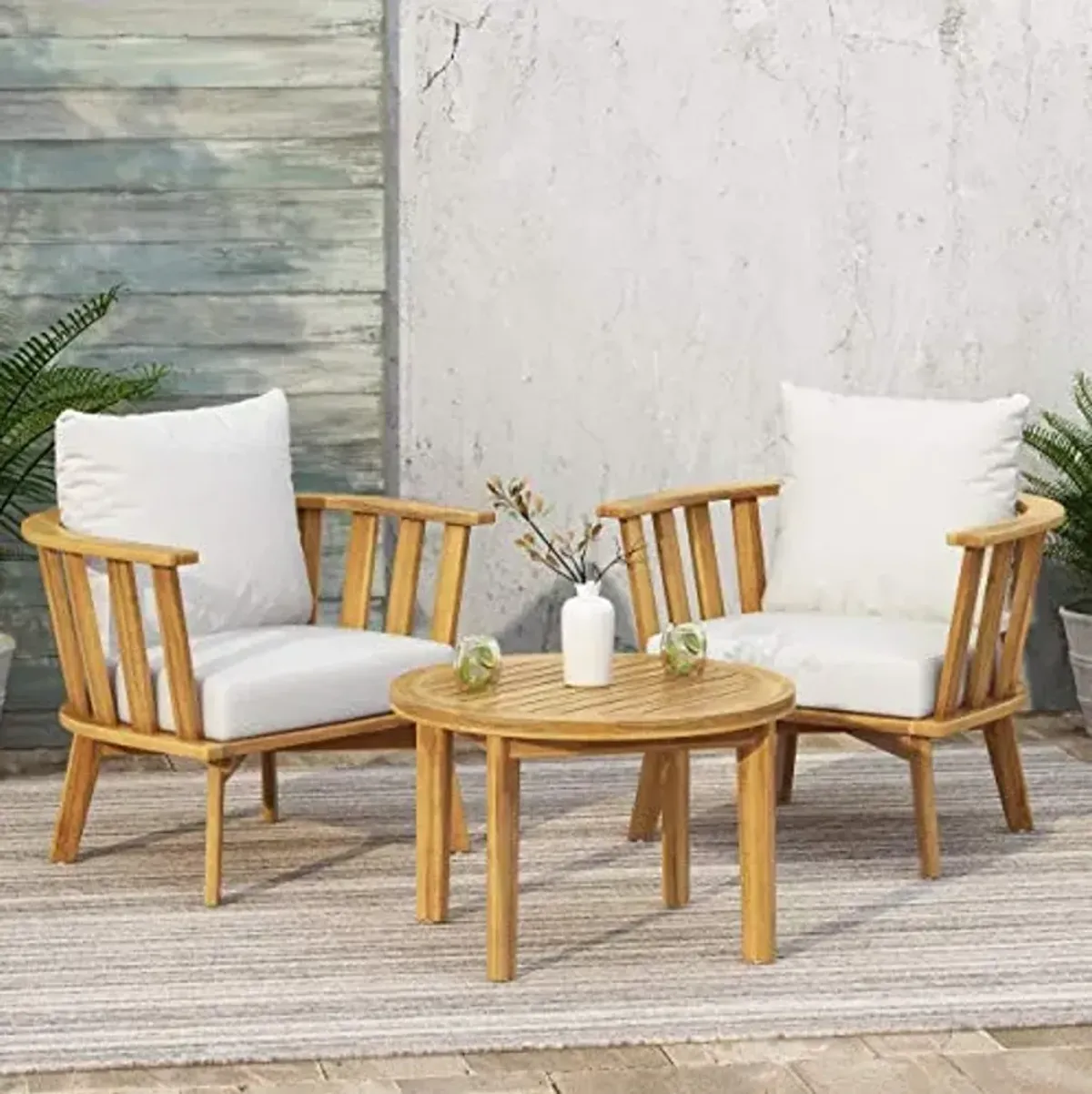Christopher Knight Home Helena Outdoor 2 Seater Wooden Chat Set with Round Coffee Table, White and Teak Finish