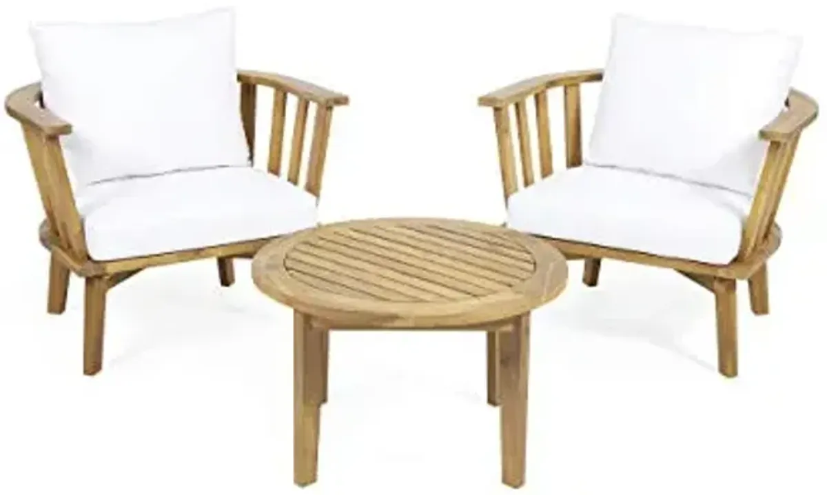 Christopher Knight Home Helena Outdoor 2 Seater Wooden Chat Set with Round Coffee Table, White and Teak Finish