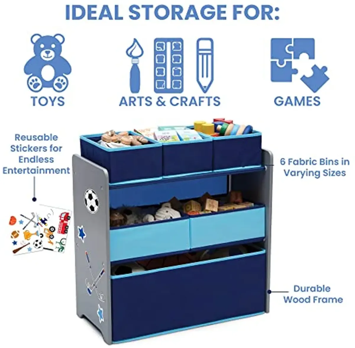 Delta Children Design and Store 6 Bin Toy Organizer, Grey/Blue