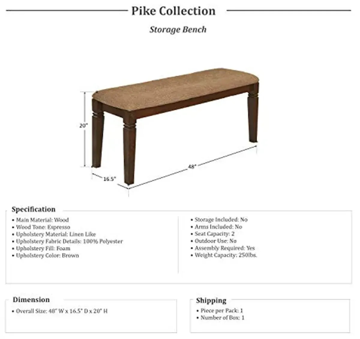 Lexicon Pike 48-Inch Dining Bench, Espresso