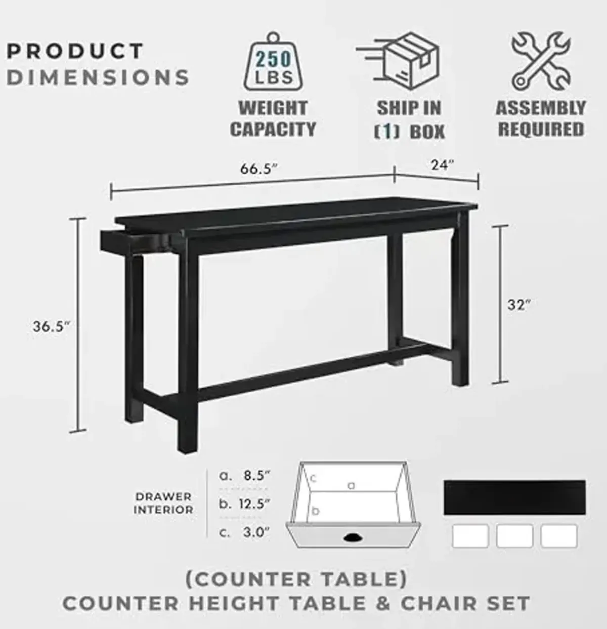 Lexicon Oreille Bar Table with Stools Set, Modern Console Table with Stools - 4-Piece Set with 2 USB Ports & A/C Power Outlets, Counter Height, Discrete Drawer, Perfect Dining Room & Kitchen Black