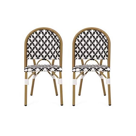 Christopher Knight Home Anastasia Outdoor French Bistro Chair (Set of 2), Black + White + Bamboo Print Finish