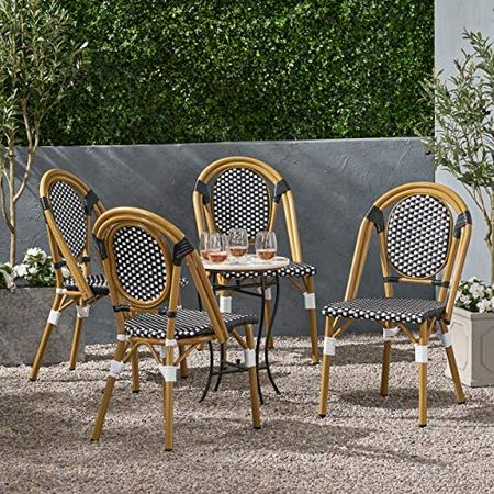 Christopher Knight Home Gwendolyn Outdoor French Bistro Chairs (Set of 4), Black + White + Bamboo Print Finish