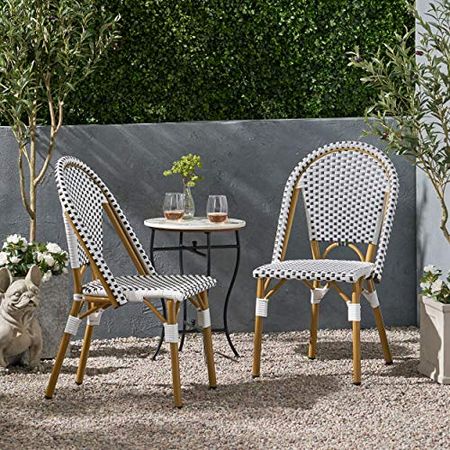 Christopher Knight Home Philomena Outdoor French Bistro Chair (Set of 2), Black + White + Bamboo Print Finish