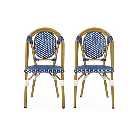 Christopher Knight Home Gwendolyn Outdoor French Bistro Chairs (Set of 2), Blue + White + Bamboo Print Finish