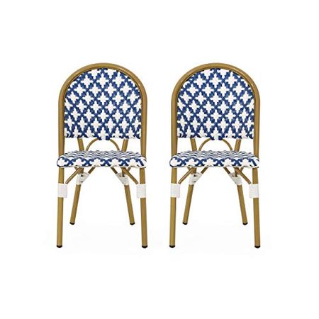 Christopher Knight Home Anastasia Outdoor French Bistro Chair (Set of 2), Blue + White + Bamboo Print Finish