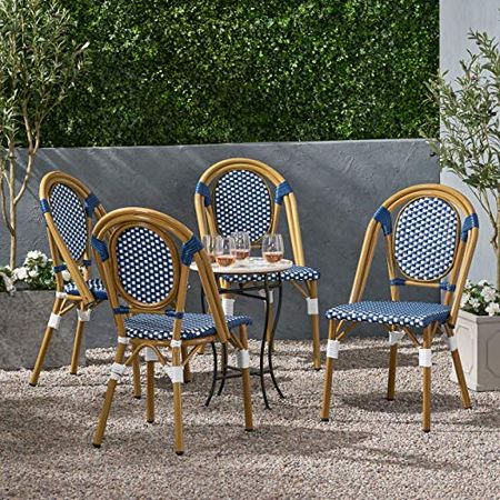 Christopher Knight Home Gwendolyn Outdoor French Bistro Chairs (Set of 4), Blue + White + Bamboo Print Finish