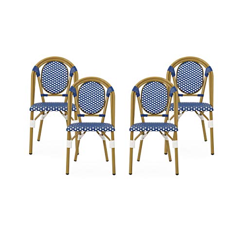 Christopher Knight Home Gwendolyn Outdoor French Bistro Chairs (Set of 4), Blue + White + Bamboo Print Finish