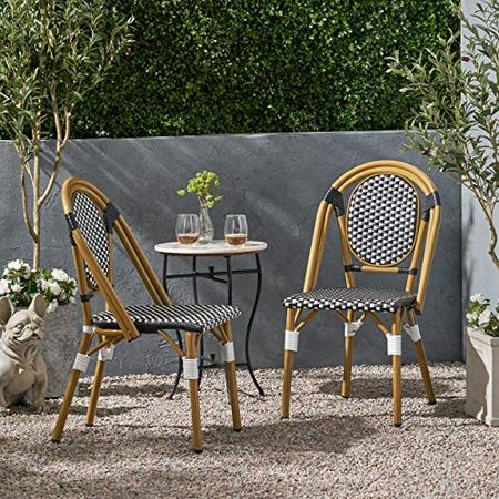 Christopher Knight Home Gwendolyn Outdoor French Bistro Chairs (Set of 2), Black + White + Bamboo Print Finish