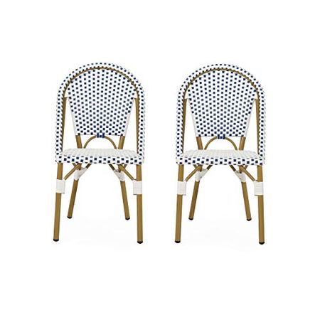Christopher Knight Home Philomena Outdoor French Bistro Chair (Set of 2), Blue + White + Bamboo Print Finish