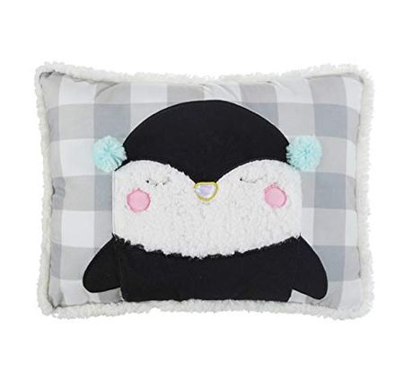 Hearts & Stars Penguin Decorative Bed Pillow, Grey