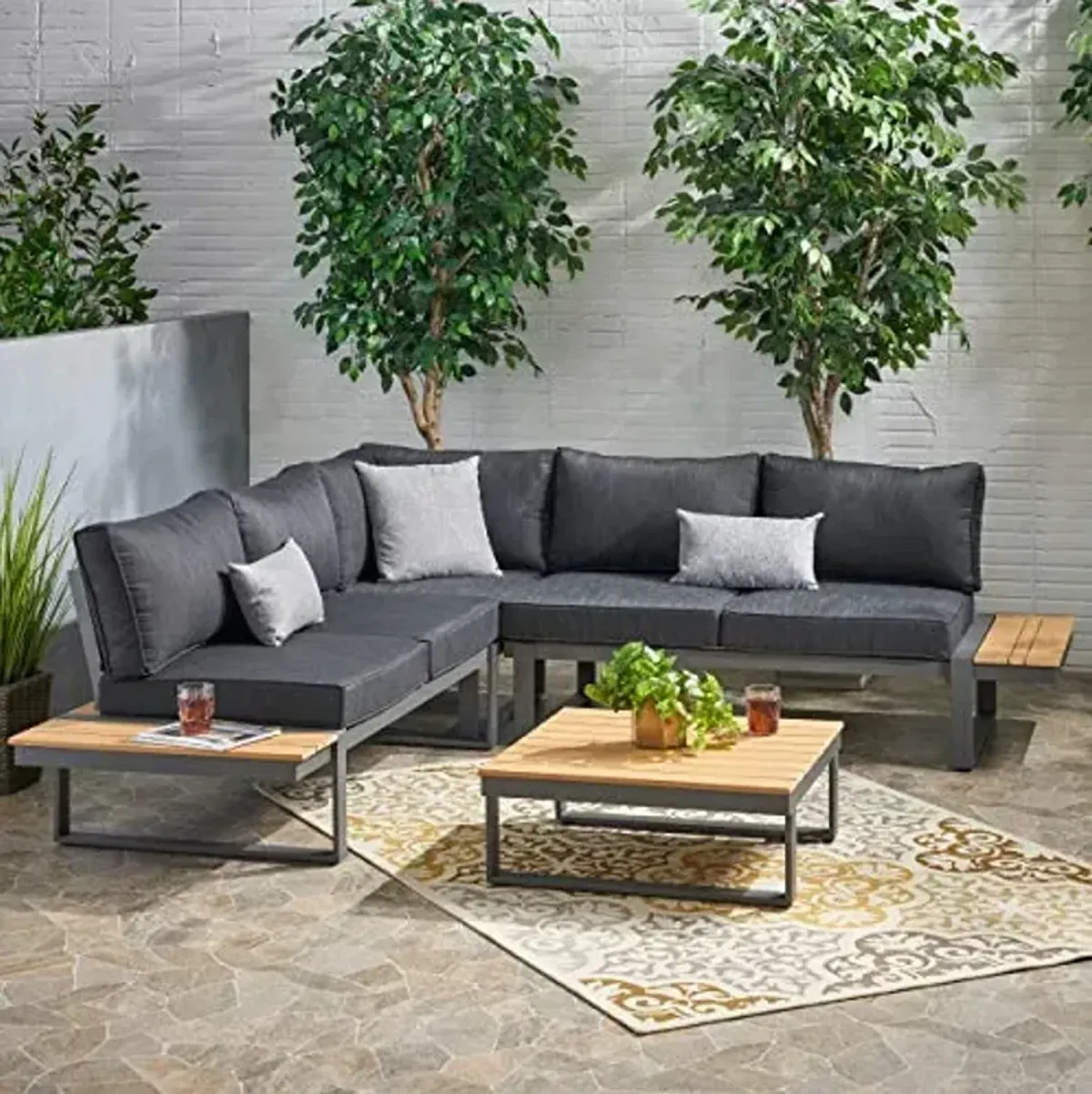 Christopher Knight Home Stacy Outdoor Aluminum V-Shaped 5 Seater Sofa Set with Cushions, Dark Gray, Gray, and Natural