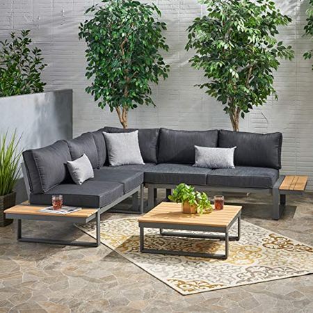 Christopher Knight Home Stacy Outdoor Aluminum V-Shaped 5 Seater Sofa Set with Cushions, Dark Gray, Gray, and Natural