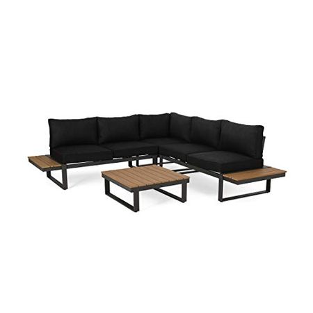 Christopher Knight Home Stacy Outdoor Aluminum V-Shaped 5 Seater Sofa Set with Cushions, Dark Gray, Gray, and Natural