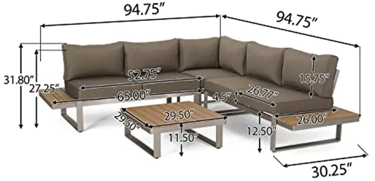 Christopher Knight Home Stacy Outdoor Aluminum V-Shaped 5 Seater Sofa Set with Cushions, Silver + Natural + Khaki