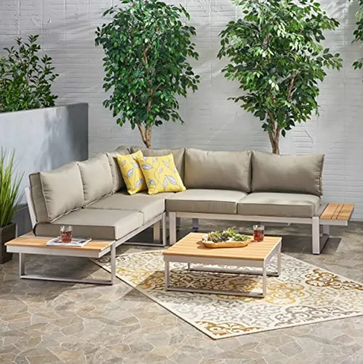 Christopher Knight Home Stacy Outdoor Aluminum V-Shaped 5 Seater Sofa Set with Cushions, Silver + Natural + Khaki