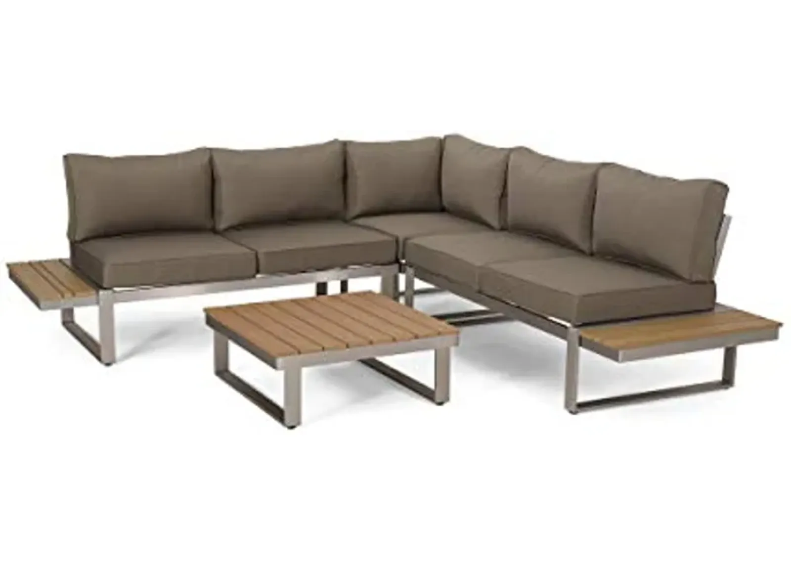 Christopher Knight Home Stacy Outdoor Aluminum V-Shaped 5 Seater Sofa Set with Cushions, Silver + Natural + Khaki