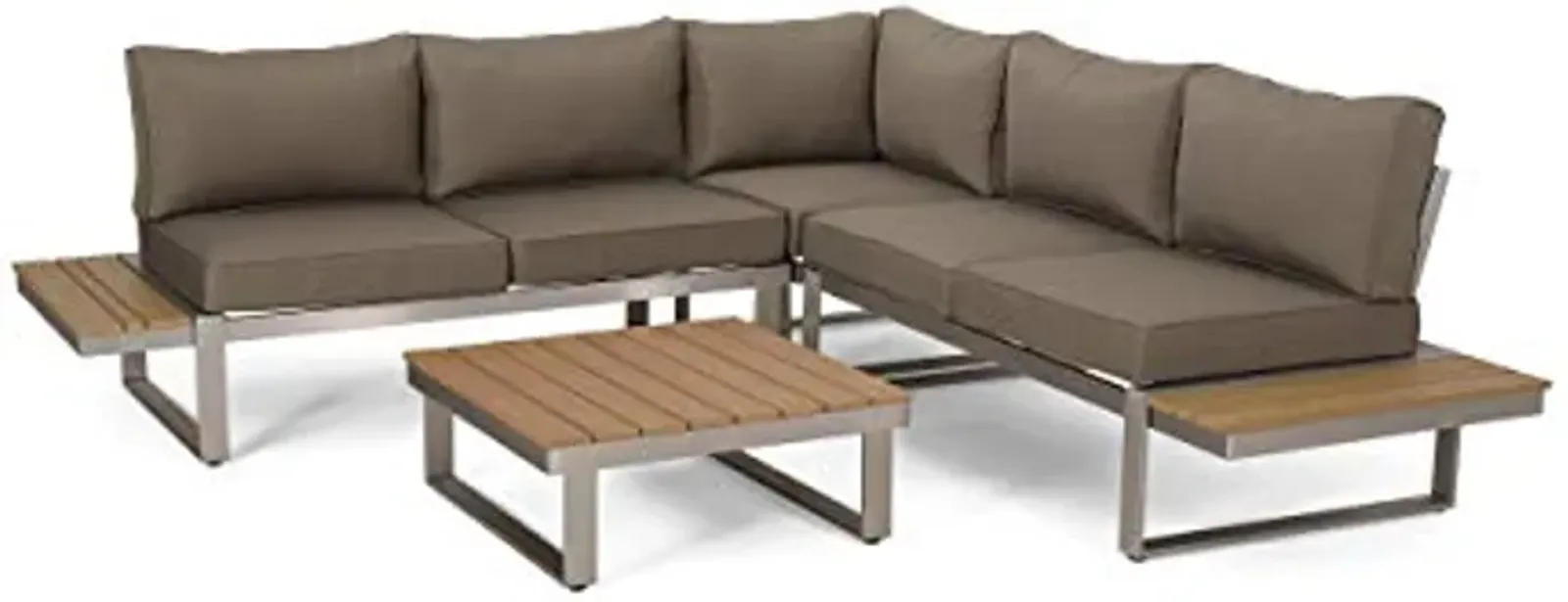 Christopher Knight Home Stacy Outdoor Aluminum V-Shaped 5 Seater Sofa Set with Cushions, Silver + Natural + Khaki