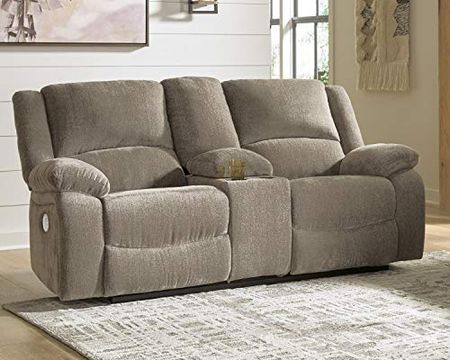 Signature Design by Ashley Draycoll Contemporary Adjustable Power Double Reclining Loveseat with Center Console, Light Brown