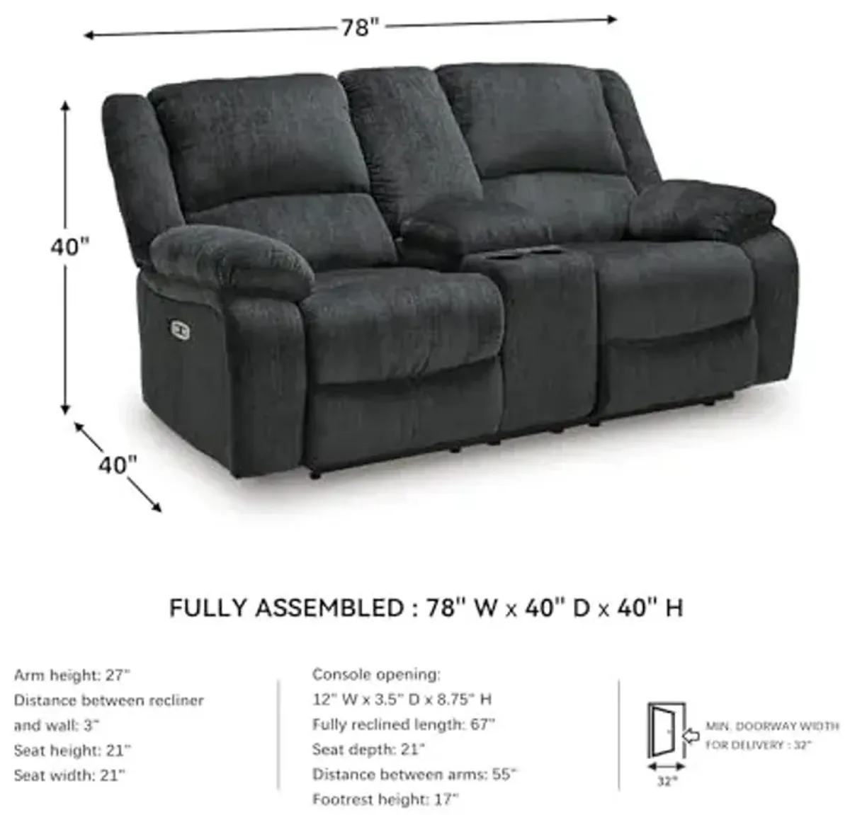 Signature Design by Ashley Draycoll Power Double Reclining Loveseat with Storage Console & USB Plug, Dark Gray
