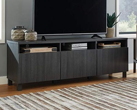 Signature Design by Ashley Yarlow Urban TV Stand Fits TVs up to 68" with 3 Cabinet Doors and Adjustable Storage Shelves, Black