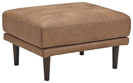 Signature Design by Ashley Arroyo Mid Century Modern Faux Leather Ottoman, Caramel Brown