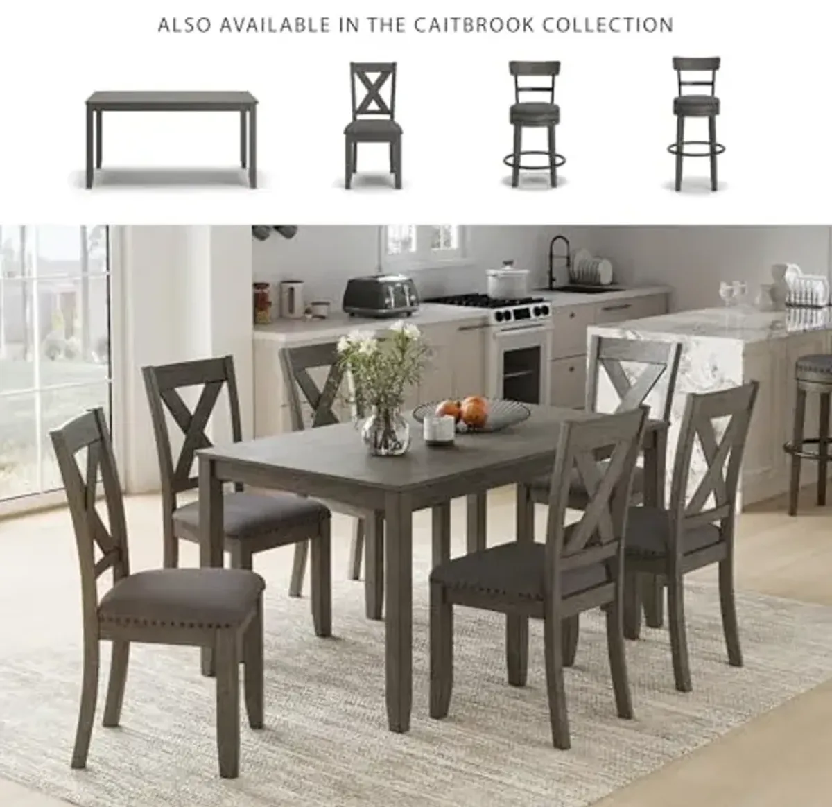 Signature Design by Ashley Caitbrook Rustic 7-Piece Dining Set – Rectangular Table with 6 X-Back Upholstered Chairs, Gray