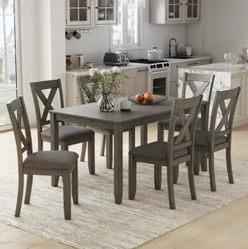 Signature Design by Ashley Caitbrook Rustic 7-Piece Dining Set – Rectangular Table with 6 X-Back Upholstered Chairs, Gray