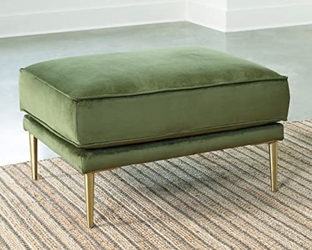 Signature Design by Ashley Macleary Modern Velvet Glam Ottoman with Brass Metal Legs, Green