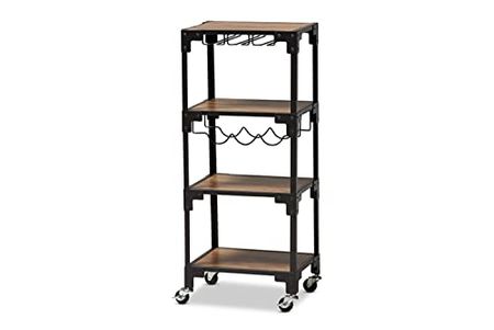 Baxton Studio Victor Industrial Rustic Walnut Finished Wood and Black Metal 4-Tier Mobile Wine Cart