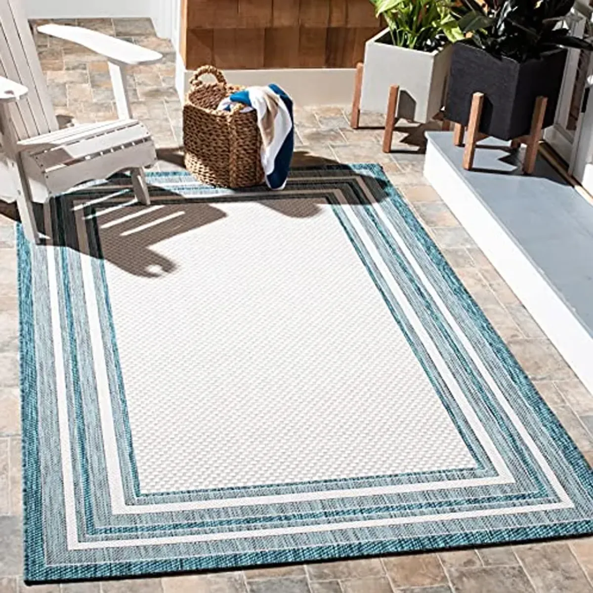 SAFAVIEH Courtyard Collection 6'7" x 9'6" Ivory / Teal CY8475 Indoor/ Outside Waterproof Easy cleansingPatio Backyard Mudroom Area Mat