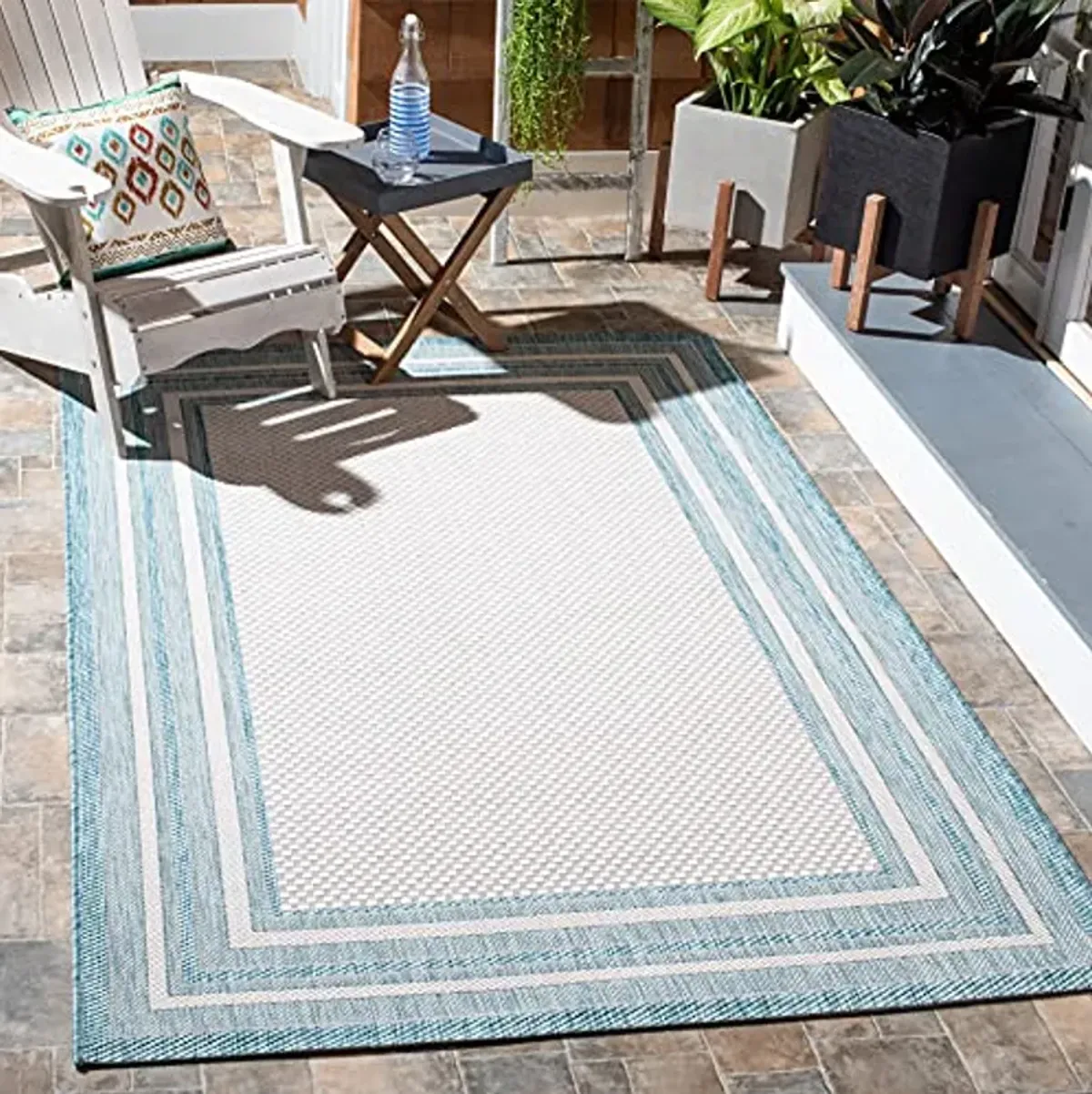 SAFAVIEH Courtyard Collection 6'7" x 9'6" Ivory / Aqua CY8475 Indoor-Outdoor Waterproof Easy-Cleaning Patio Backyard Mudroom Area-Rug