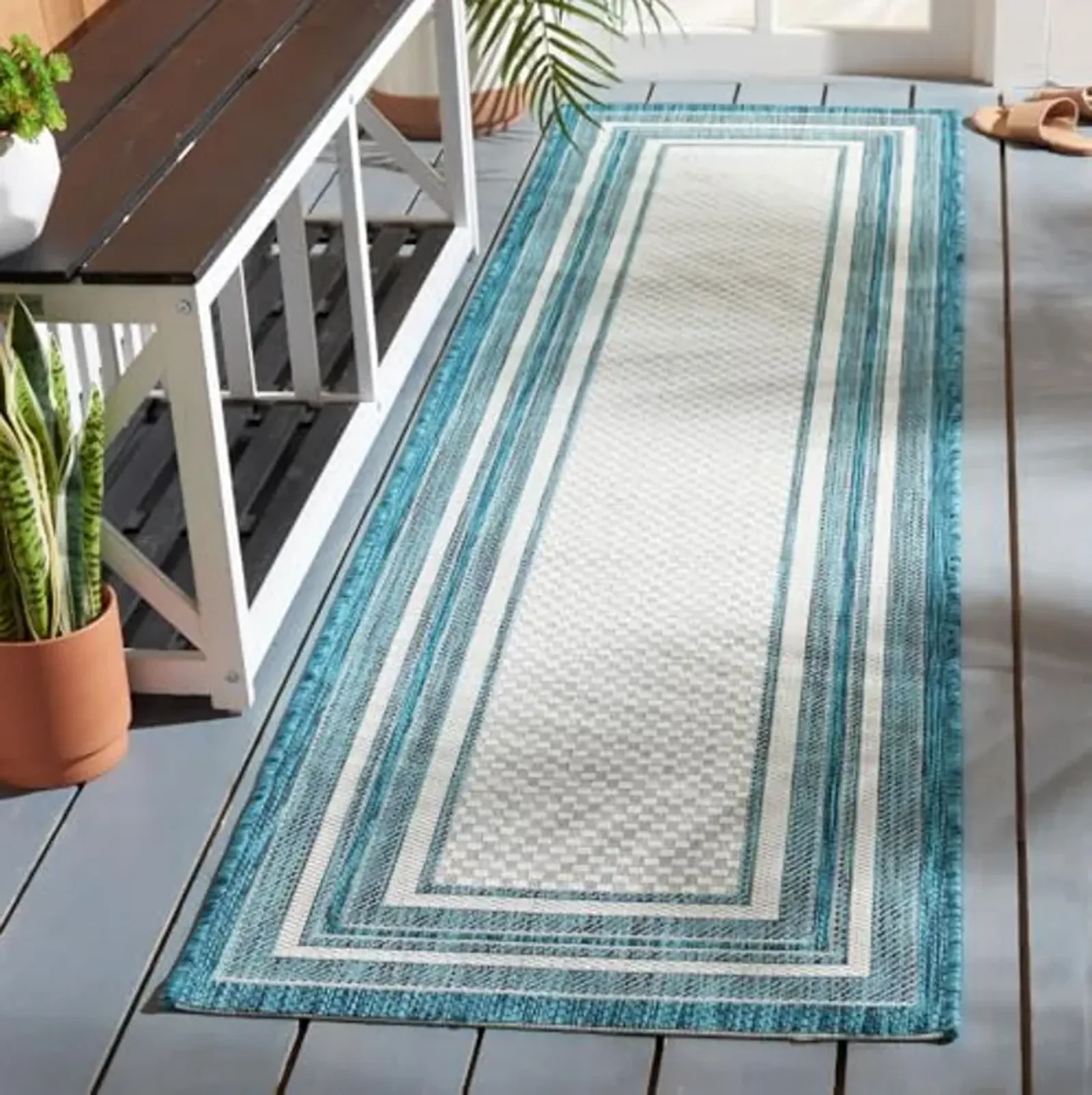 SAFAVIEH Courtyard Collection 2'3" x 8' Ivory / Teal CY8475 Indoor-Outdoor Waterproof Easy-Cleaning Patio Backyard Mudroom Runner-Rug