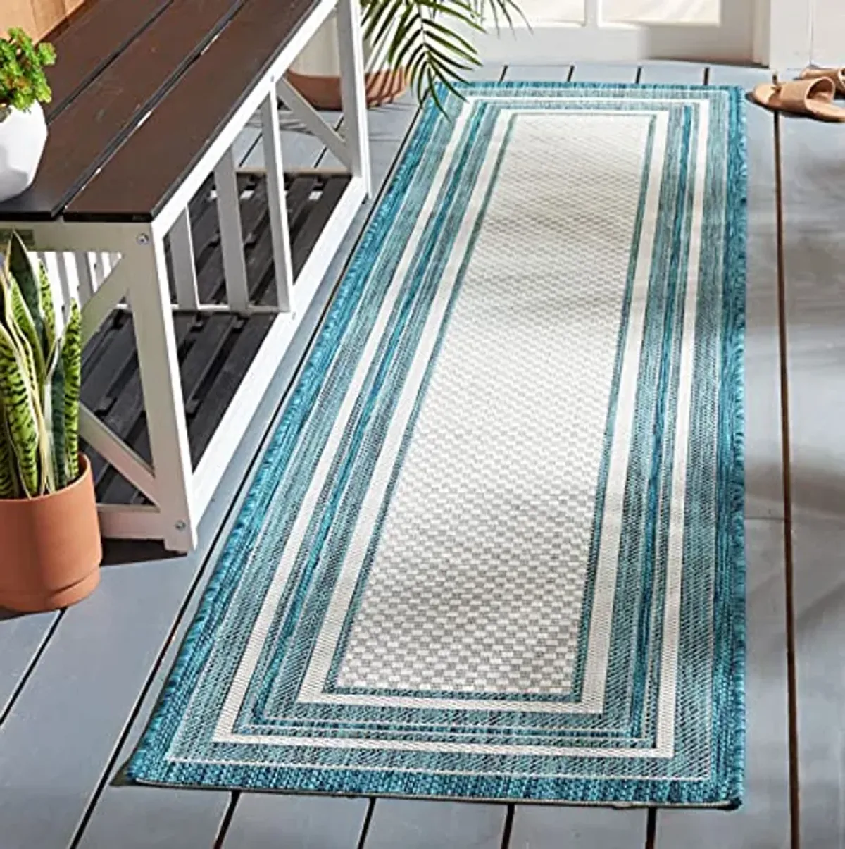 SAFAVIEH Courtyard Collection 2'3" x 8' Ivory / Teal CY8475 Indoor-Outdoor Waterproof Easy-Cleaning Patio Backyard Mudroom Runner-Rug