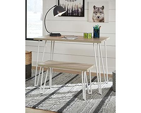 Signature Design by Ashley Blariden Mid-Century Modern Desk & Bench with Durable Melamine Top, White
