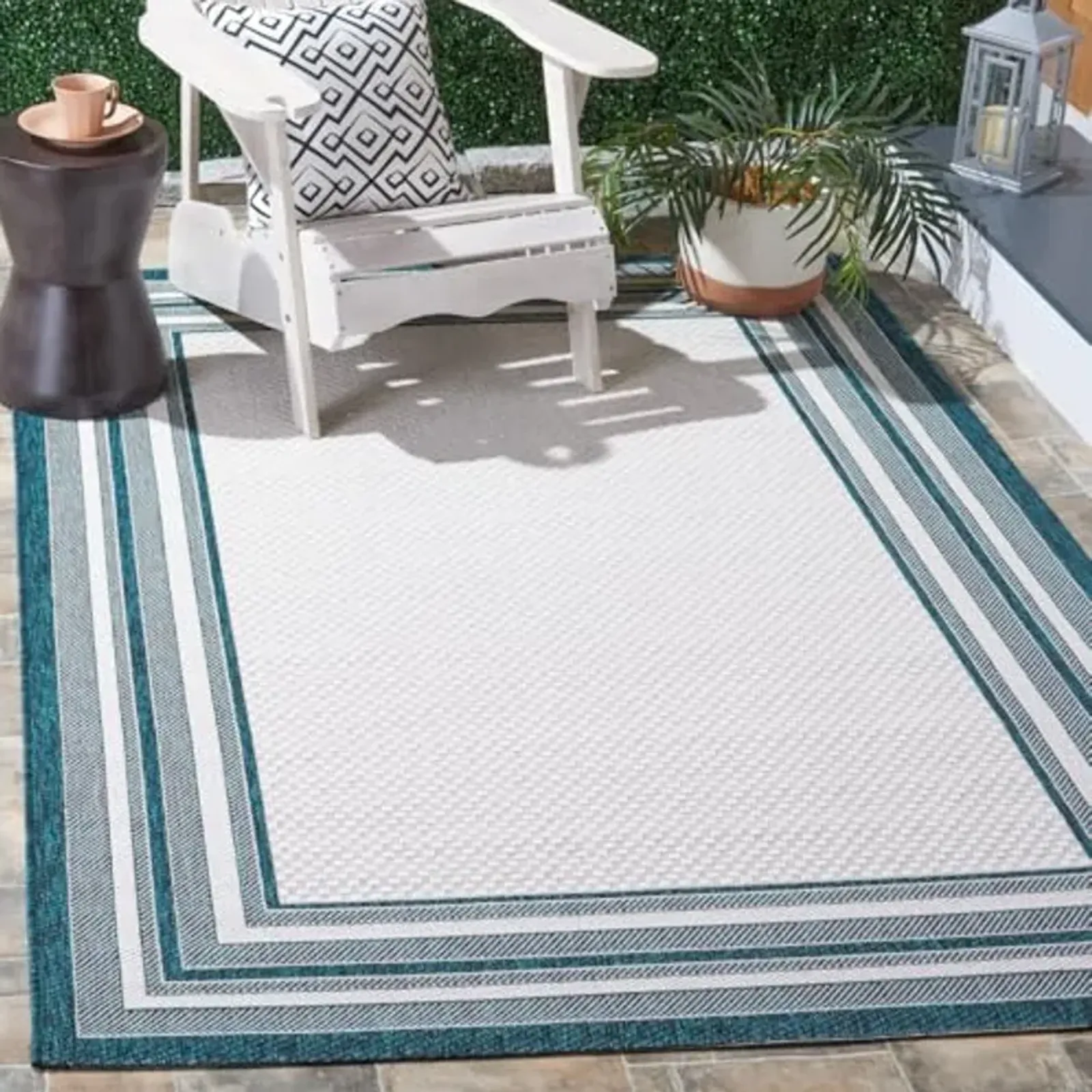 SAFAVIEH Courtyard Collection 5'3" x 7'7" Ivory / Teal CY8475 Indoor/-Outdoor-Waterproof Easy-Cleaning Patio Backyard Mudroom Area-Rug