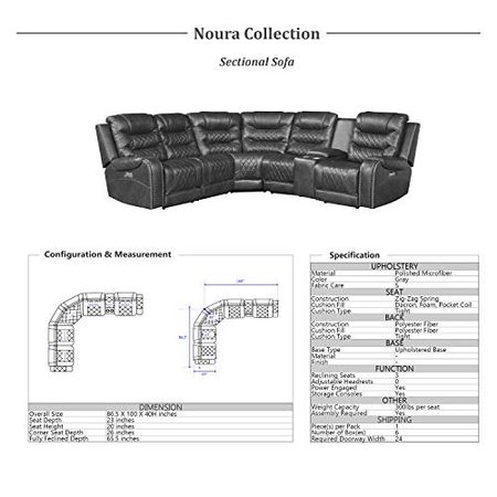Lexicon Noura Modular Reclining Sectional Sofa, Dual-End Recliner (Power), Gray